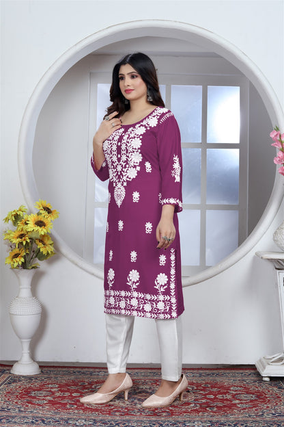 Rayon Elegant Chikankari Kurti With Pant Set in Color Wine