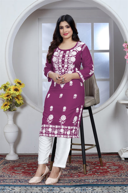 Rayon Elegant Chikankari Kurti With Pant Set in Color Wine