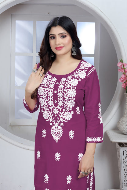 Rayon Elegant Chikankari Kurti With Pant Set in Color Wine